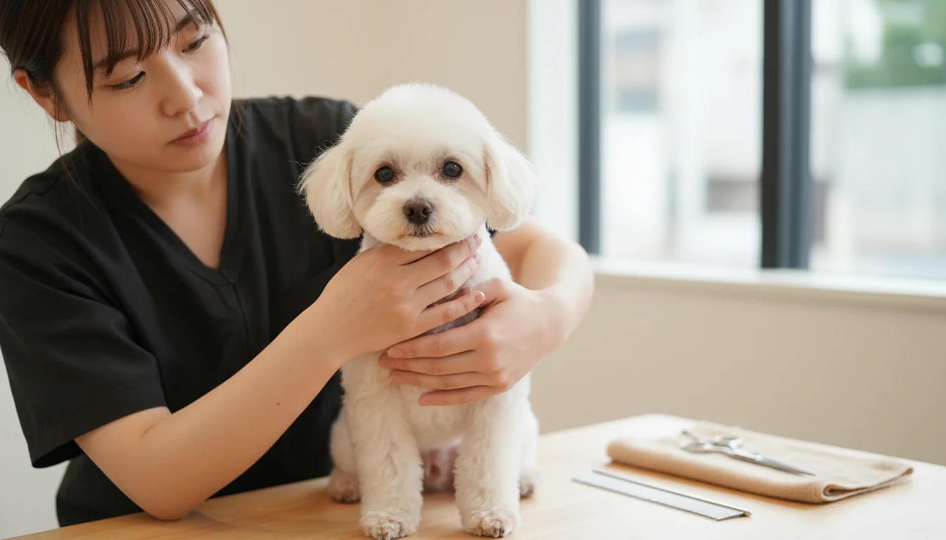 トリマーが犬の体をやさしく支えながら施術している様子