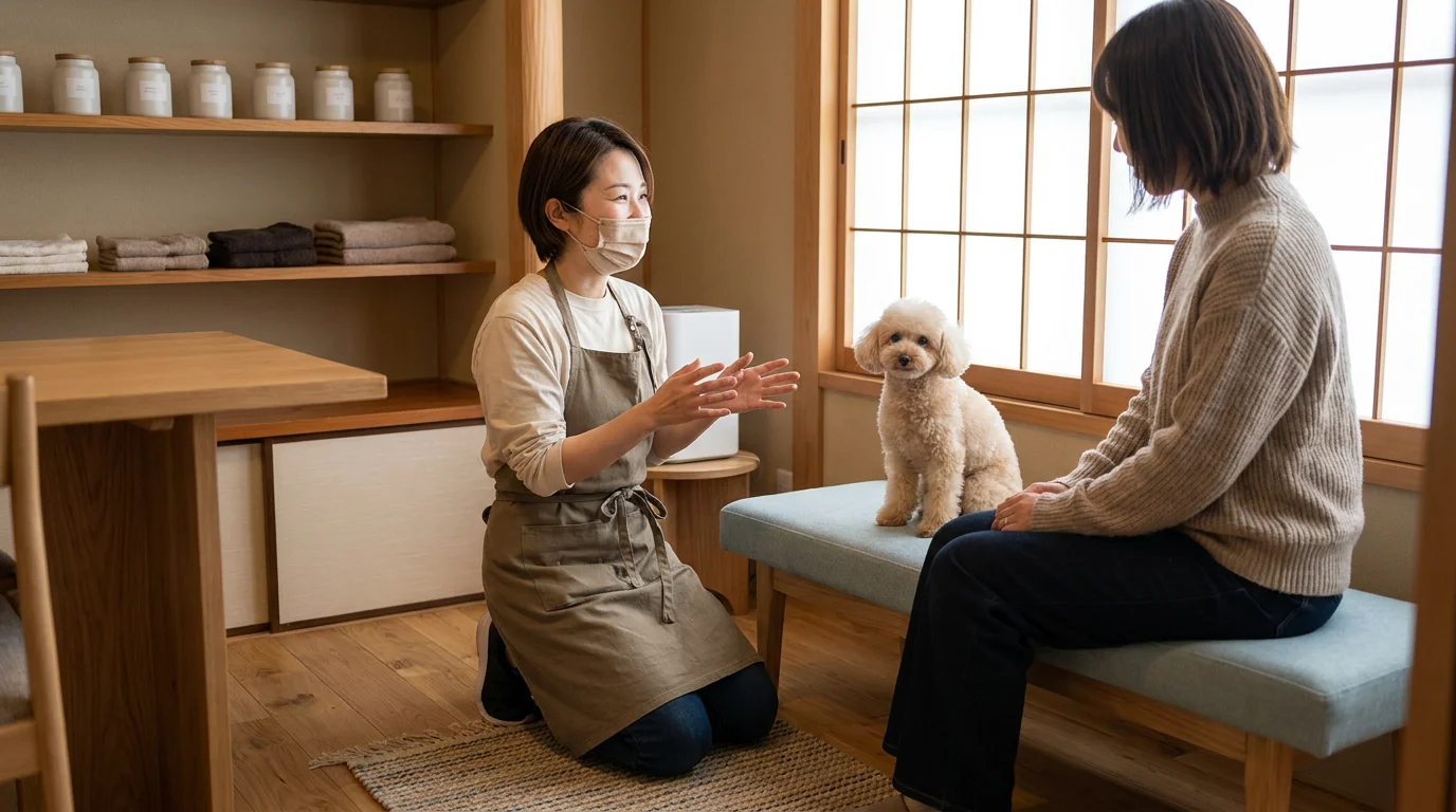トリマーが飼い主と犬の様子を確認しながら話しているカウンセリングの場面