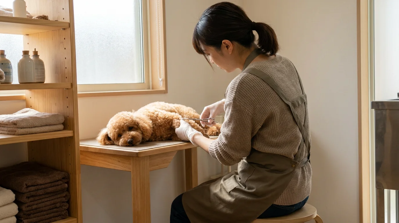 犬の足先の毛を整えているトリマーの手元